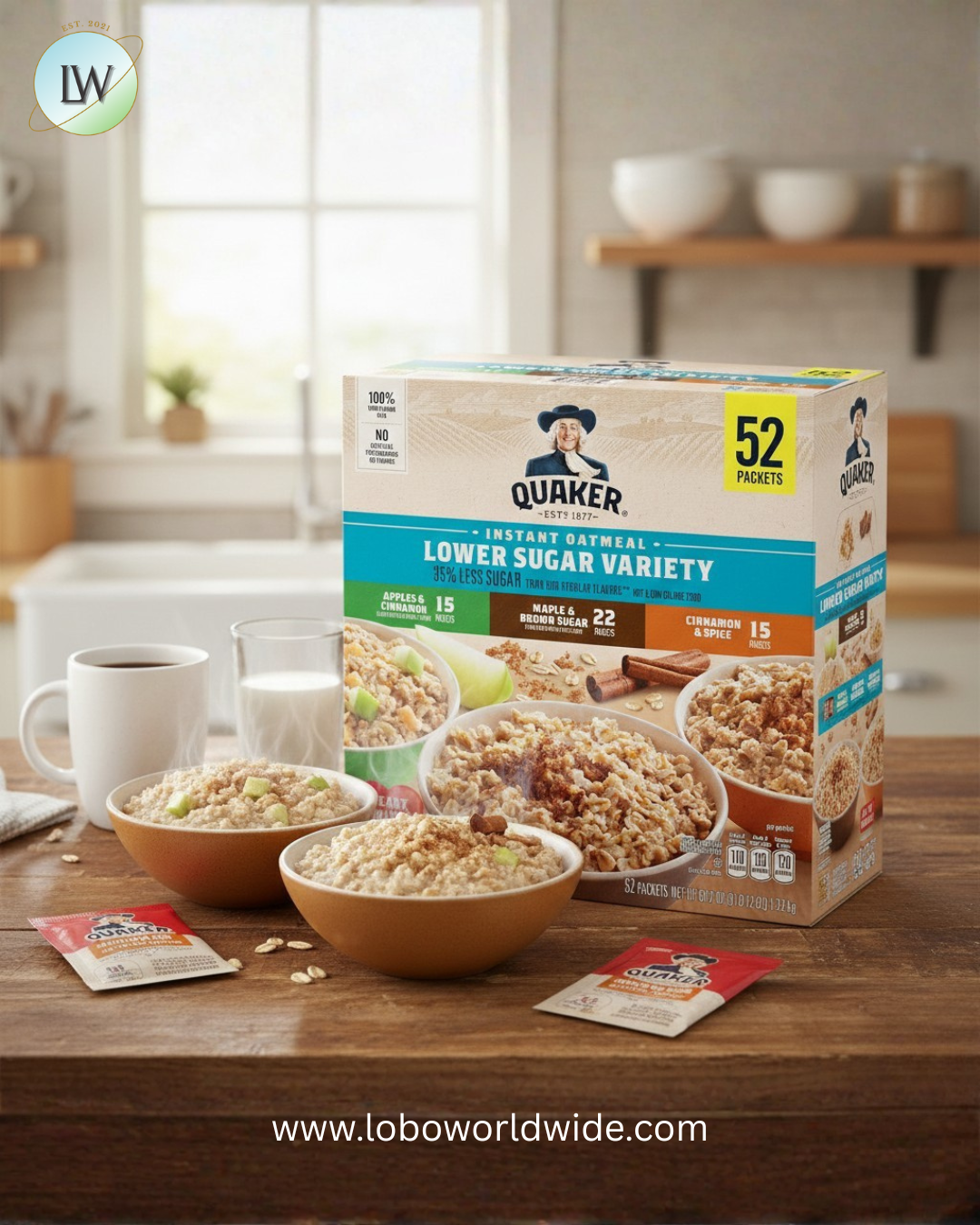 Quaker Lower Sugar Instant Oatmeal, Variety Pack, 1.17 oz., 52 pk.