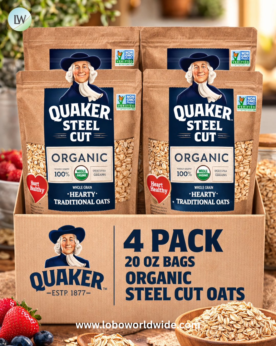 Quaker Steel Cut Oats, USDA Organic, Non GMO Project Verified, 20oz Resealable Bags (Pack of 4)