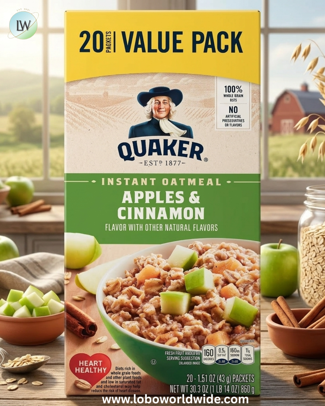 Quaker, Instant Oatmeal, Apple & Cinnamon, 1.51 oz, 20 Packets