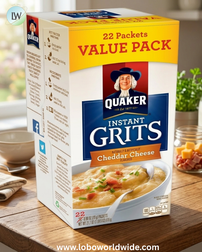 Quaker Instant Grits Cheddar Cheese Naturally Flavored, 0.98 oz 22 Count Box