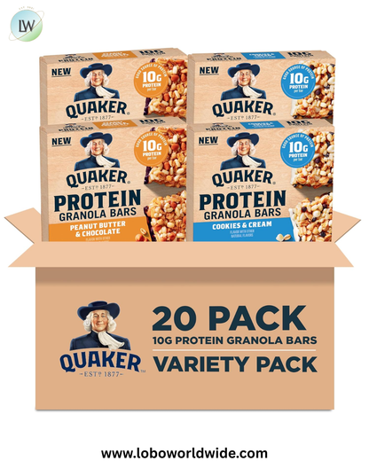 Quaker Protein Granola Bars, 2 Flavor Variety Pack, 10g Protein, 1.41 oz Bars, 20ct