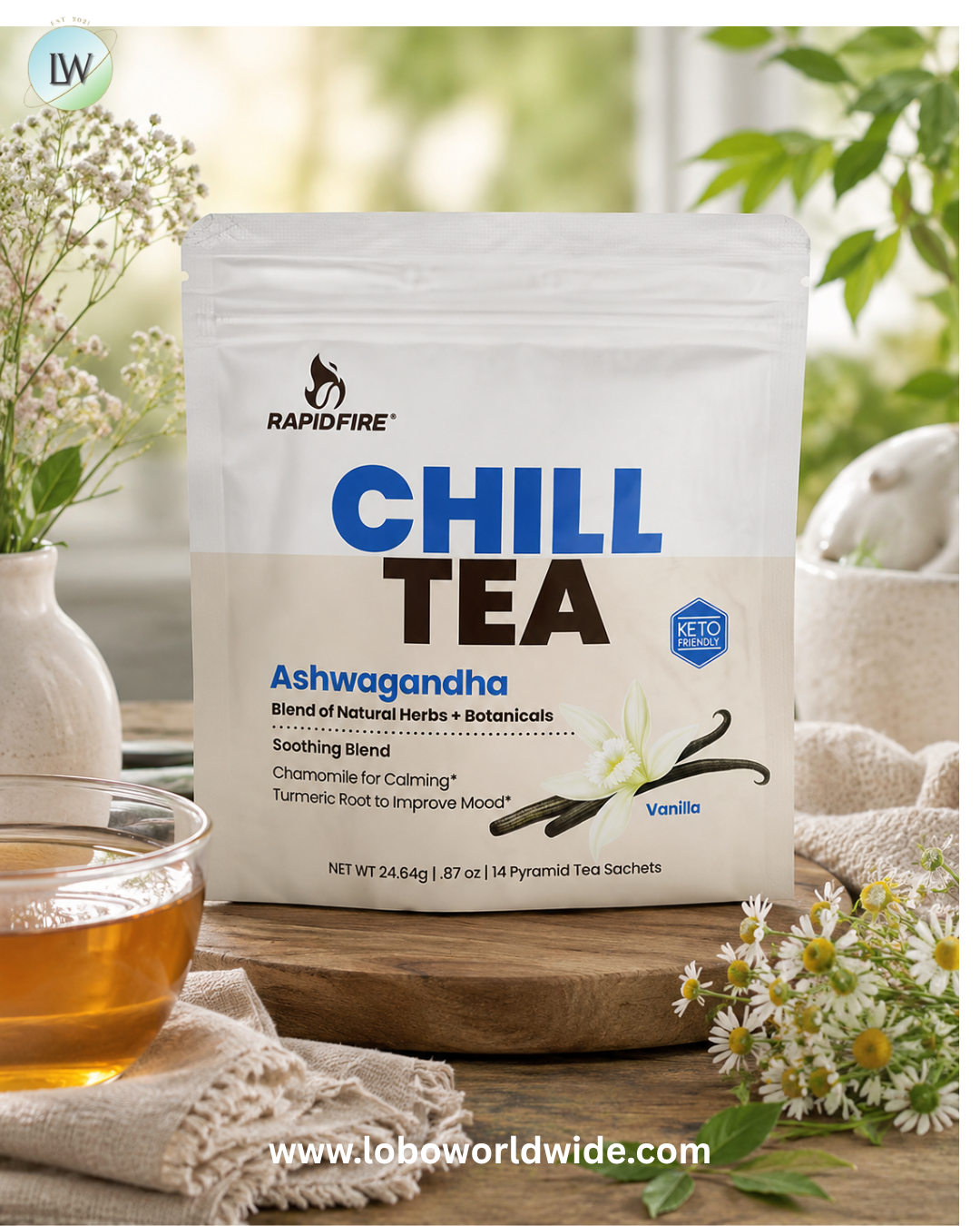 RAPIDFIRE, Chill Tea, Ashwagandha, Vanilla, 14 Pyramid Tea Sachets, 0.87 oz (24.64 g)