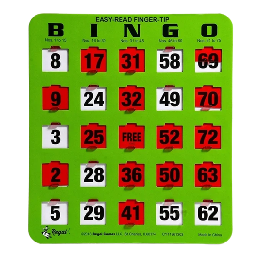 Regal Bingo - Shutter Slide Bingo Cards Only - 8” x 9” - 5-Ply Green Cardstock - Easy to Read - No Duplicates - Red Sliding Windows - Perfect for Large Groups, Bulk Purchasing