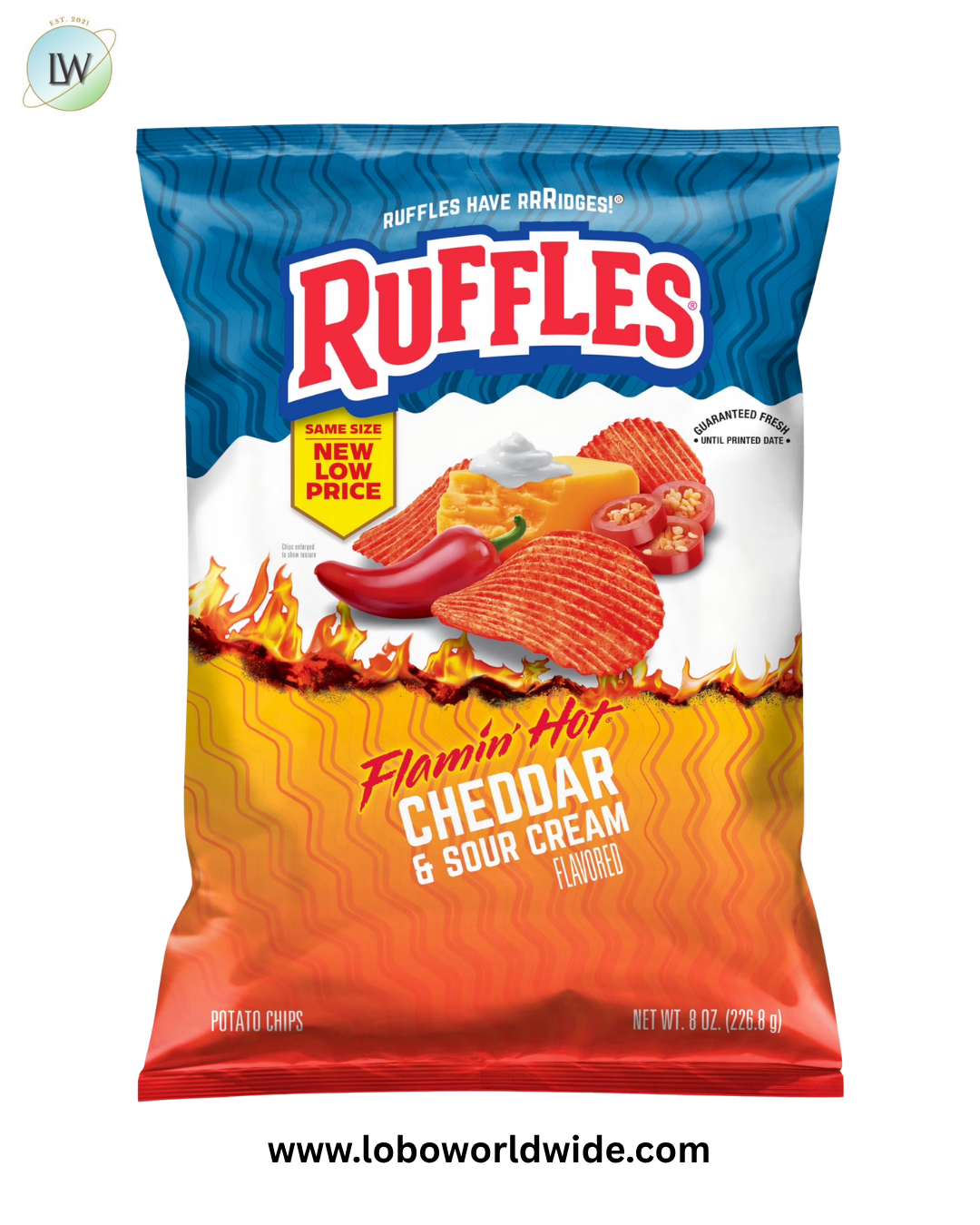 Ruffles Flamin' Hot Cheddar and Sour Cream Flavored Potato Snack Chips, 8 Ounce Bag