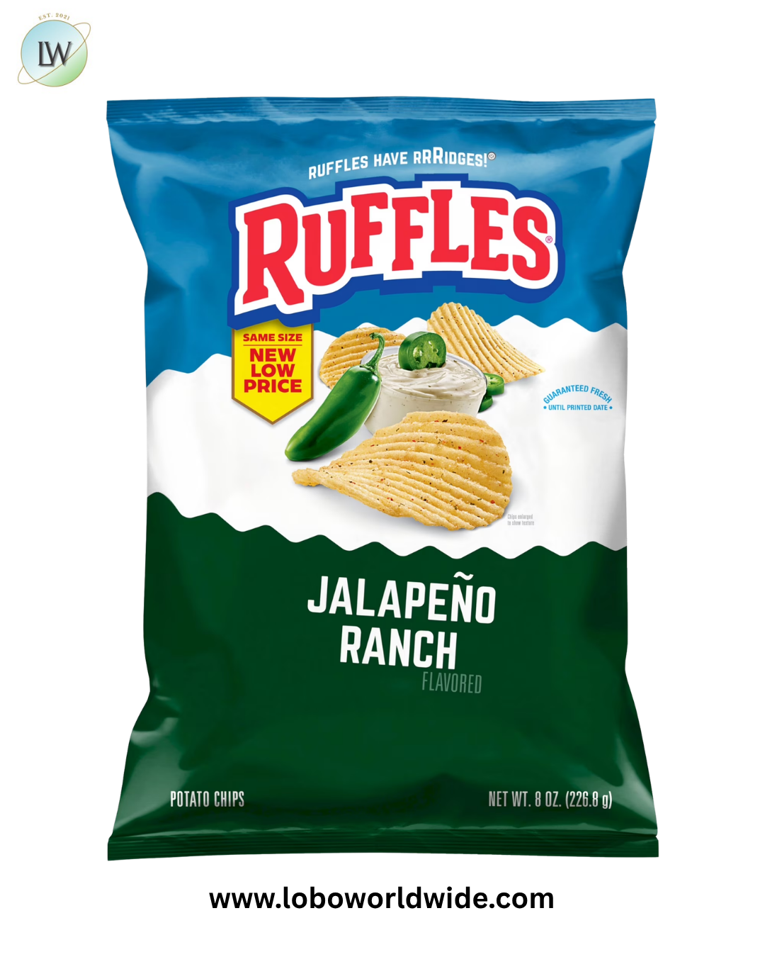 Ruffles Potato Chips Jalapeno Ranch Flavored 8.0 oz Bag