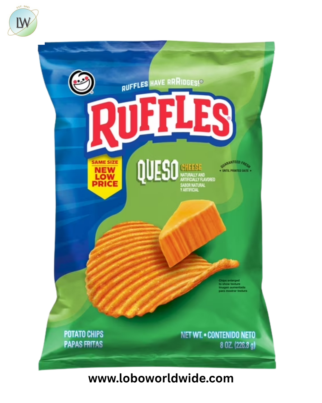 Ruffles Potato Chips Queso Cheese Flavored Snack Chips, Snacks, Large Bag 8 Ounce Bag