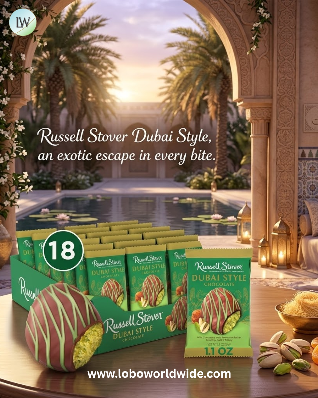 Russell Stover Dubai Style Pistachio & Kataifi In Milk Chocolate Candy Bar, 1.1 Oz. (Pack of 18)