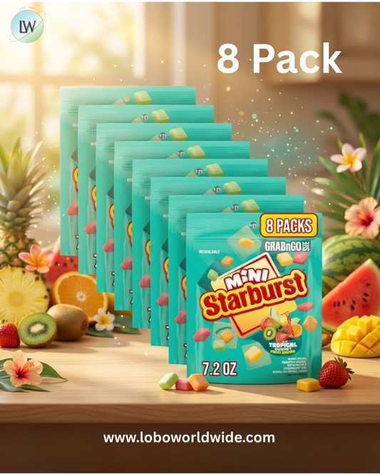 STARBURST MINIS Tropical Sunset Chewy Candy Movie Night Concession, Road Trip Snack Fruit Chews, Grab'N'Go, 7.2 Oz Bag, 8 Pack