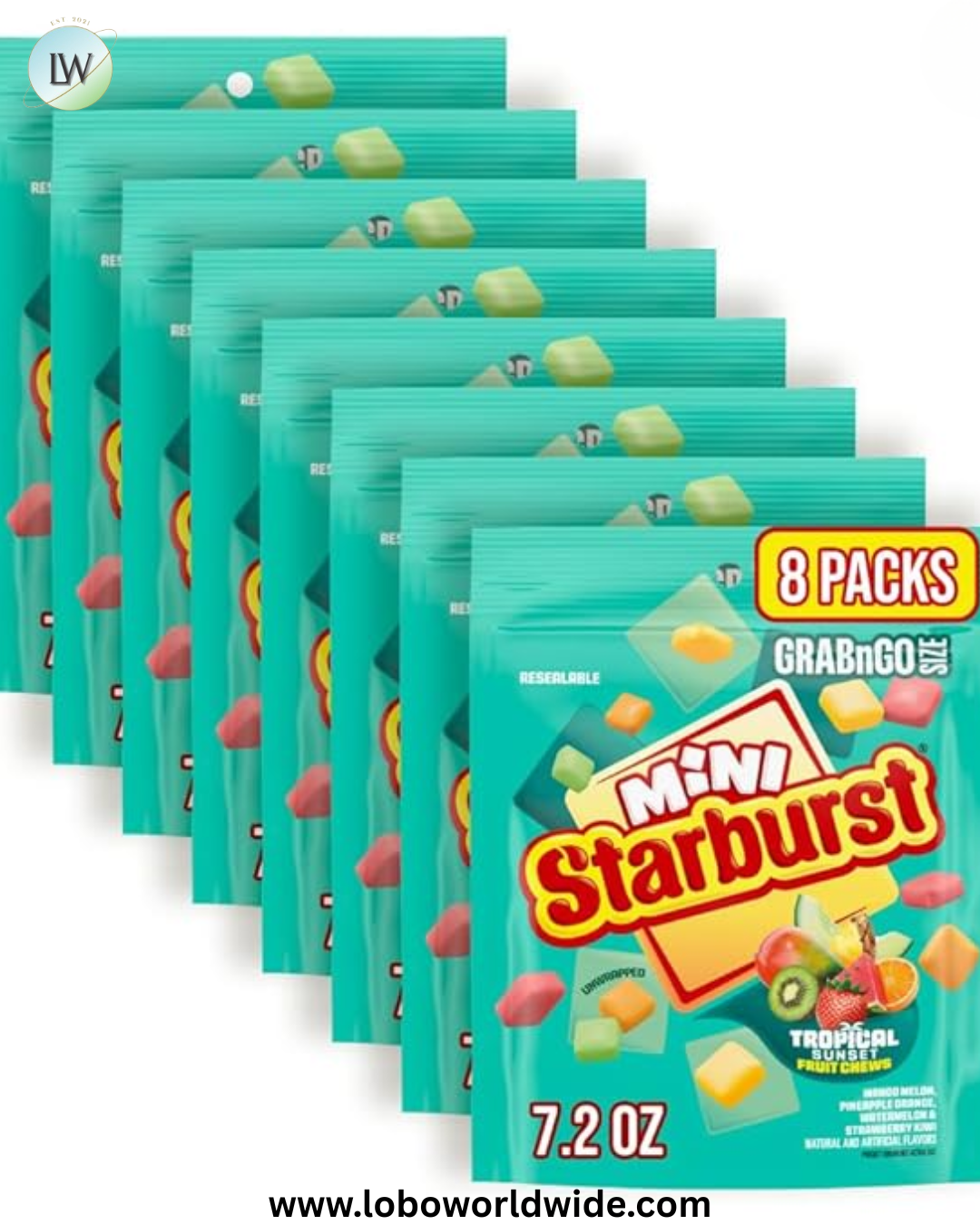 STARBURST MINIS Tropical Sunset Chewy Candy Movie Night Concession, Road Trip Snack Fruit Chews, Grab'N'Go, 7.2 Oz Bag, 8 Pack