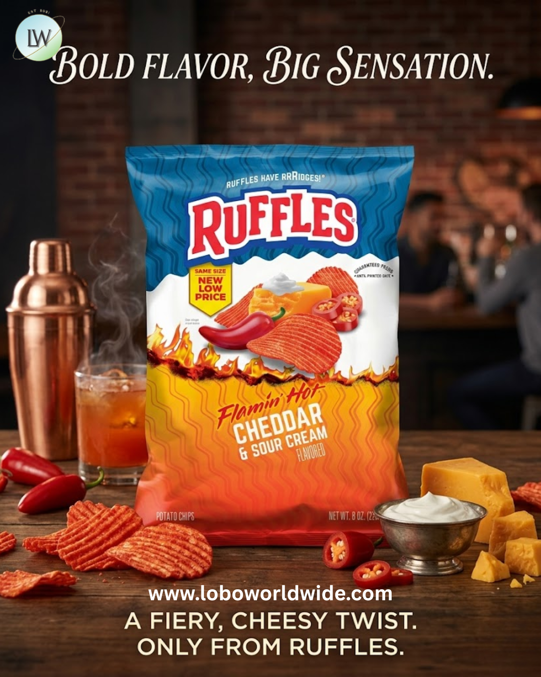 Ruffles Flamin' Hot Cheddar and Sour Cream Flavored Potato Snack Chips, 8 Ounce Bag