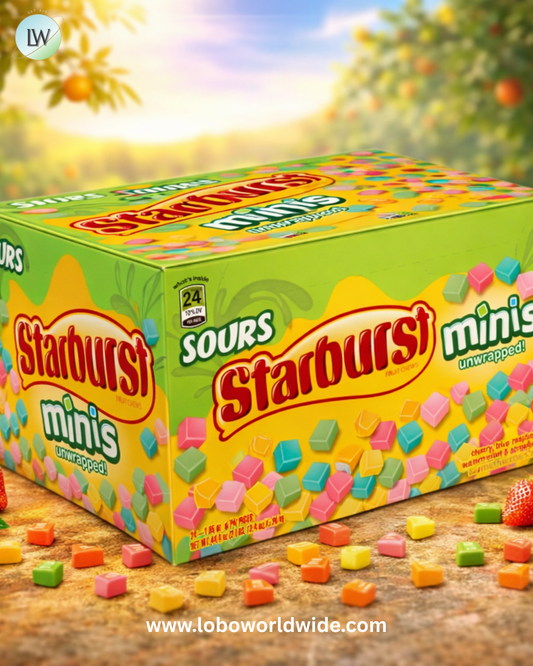 Starburst Sour Candy Minis Fruit Chews, 24 x 1.85 oz, Cherry, Blue Raspberry, Watermelon, and Strawberry Sour Fruity Candies