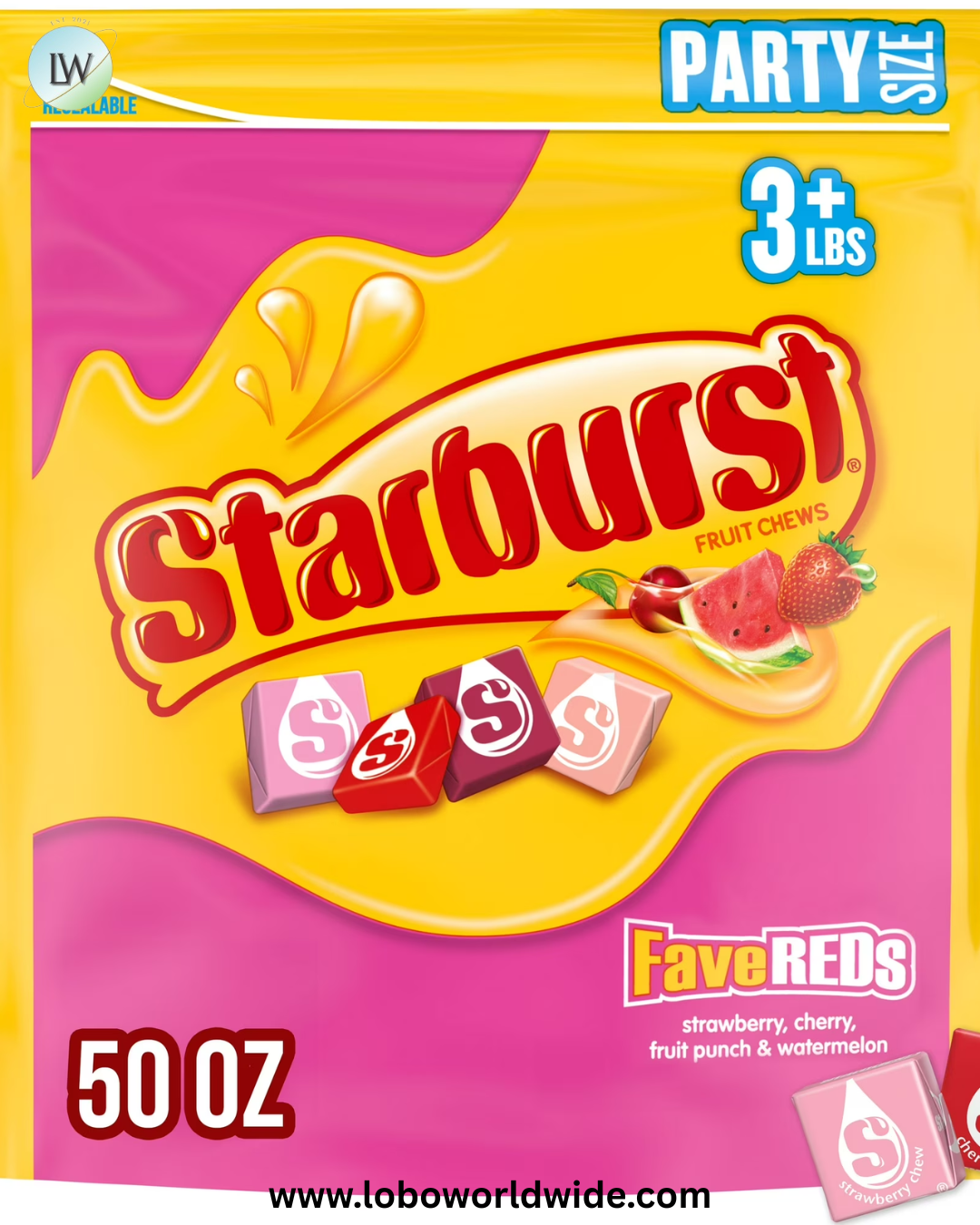 Starburst FaveREDs Fruit Chews Chewy Candy Party Size 50 Ounce Resealable Bag