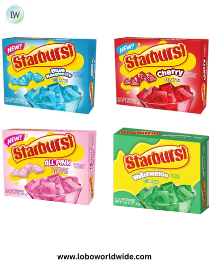 Starburst Gelatin variety pack, 4 flavor Watermelon, Blue Raspberry, All pink Strawberry, and cherry (3.89 OZ each)