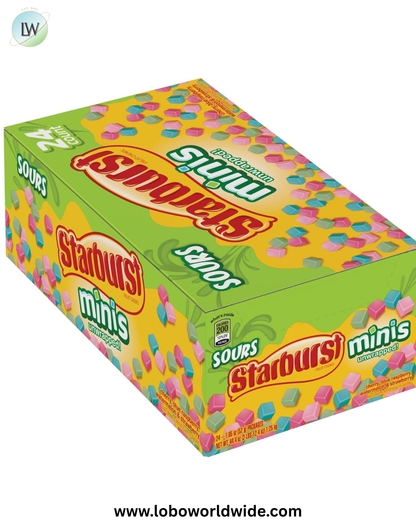 Starburst Sour Candy Minis Fruit Chews, 24 x 1.85 oz, Cherry, Blue Raspberry, Watermelon, and Strawberry Sour Fruity Candies