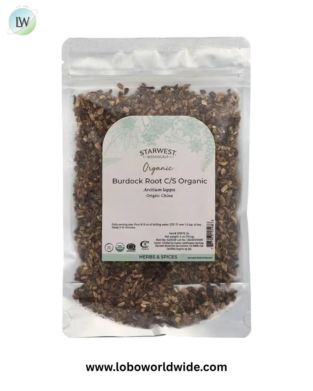 Starwest Botanicals, Organic Burdock Root C/S, 4 oz (113.4 g)