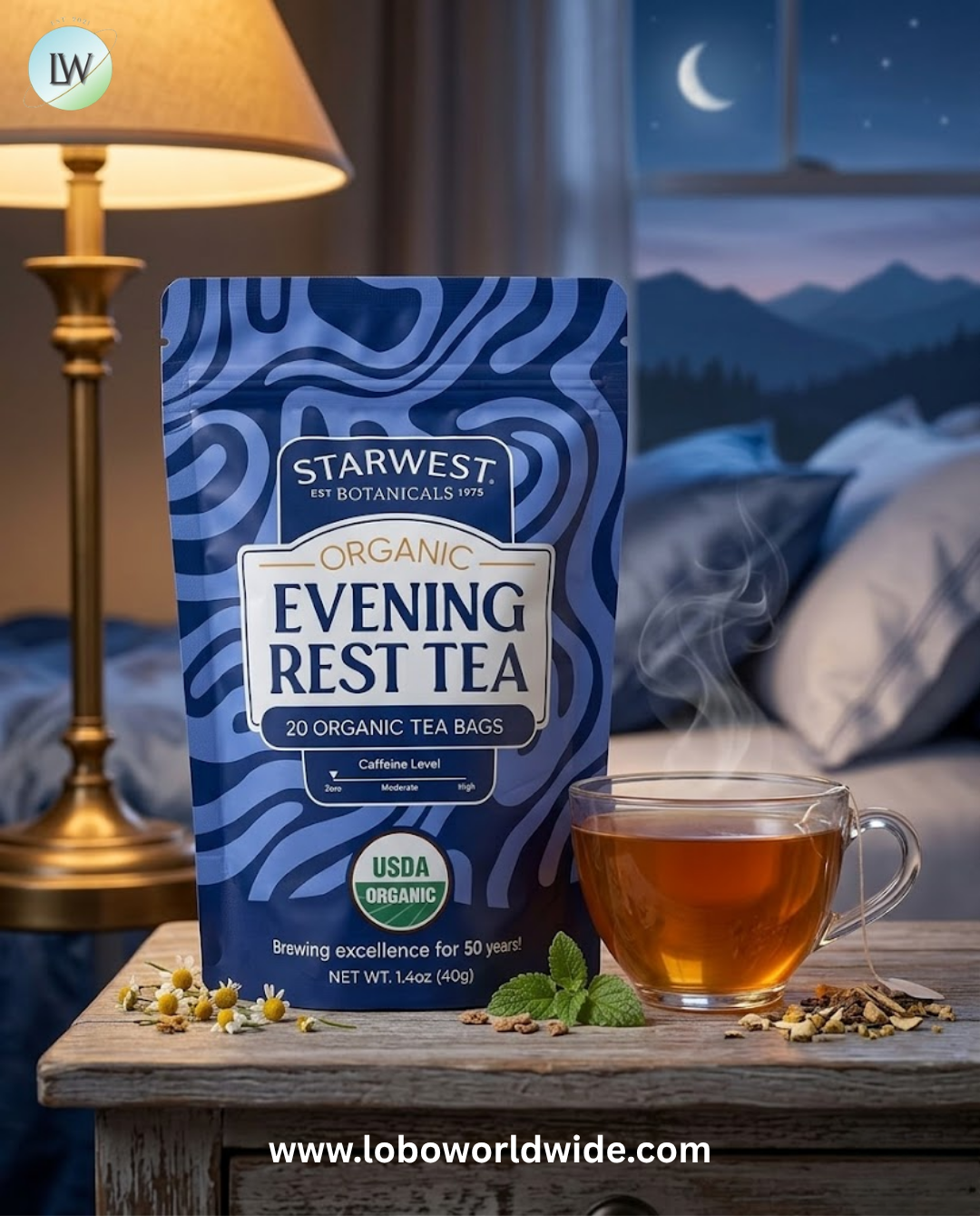 Starwest Botanicals, Organic Evening Rest Tea, Caffeine Free, 20 Organic Tea Bags, 1.4 oz (40 g)