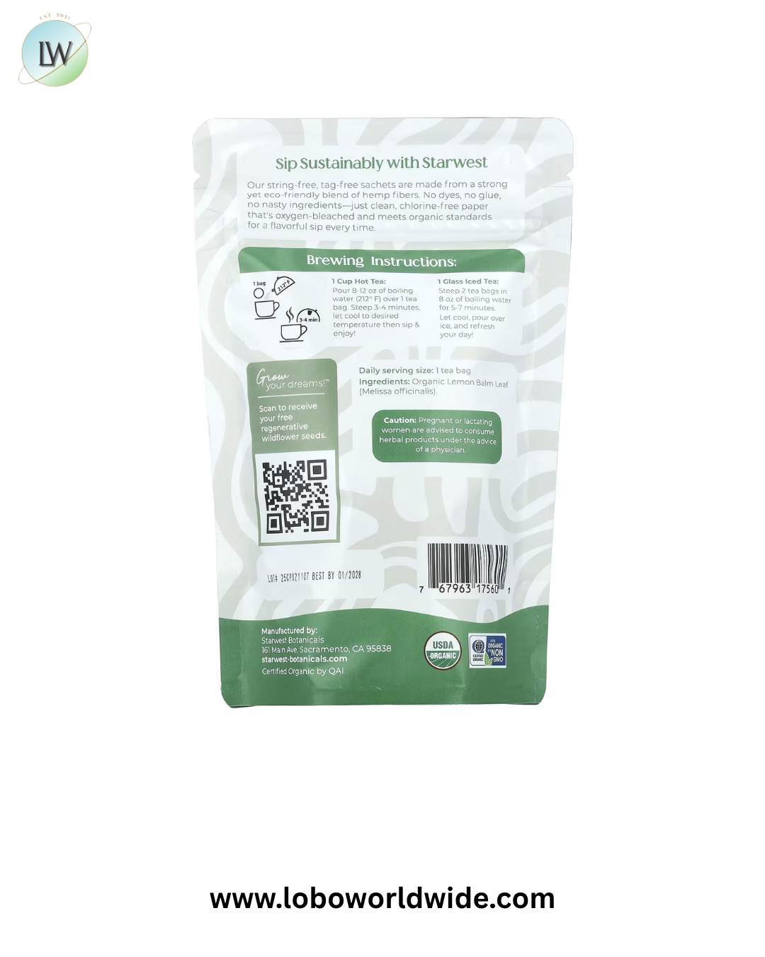 Starwest Botanicals, Organic Lemon Balm Tea, 20 Tea Bags, 1.04 oz (30 g)