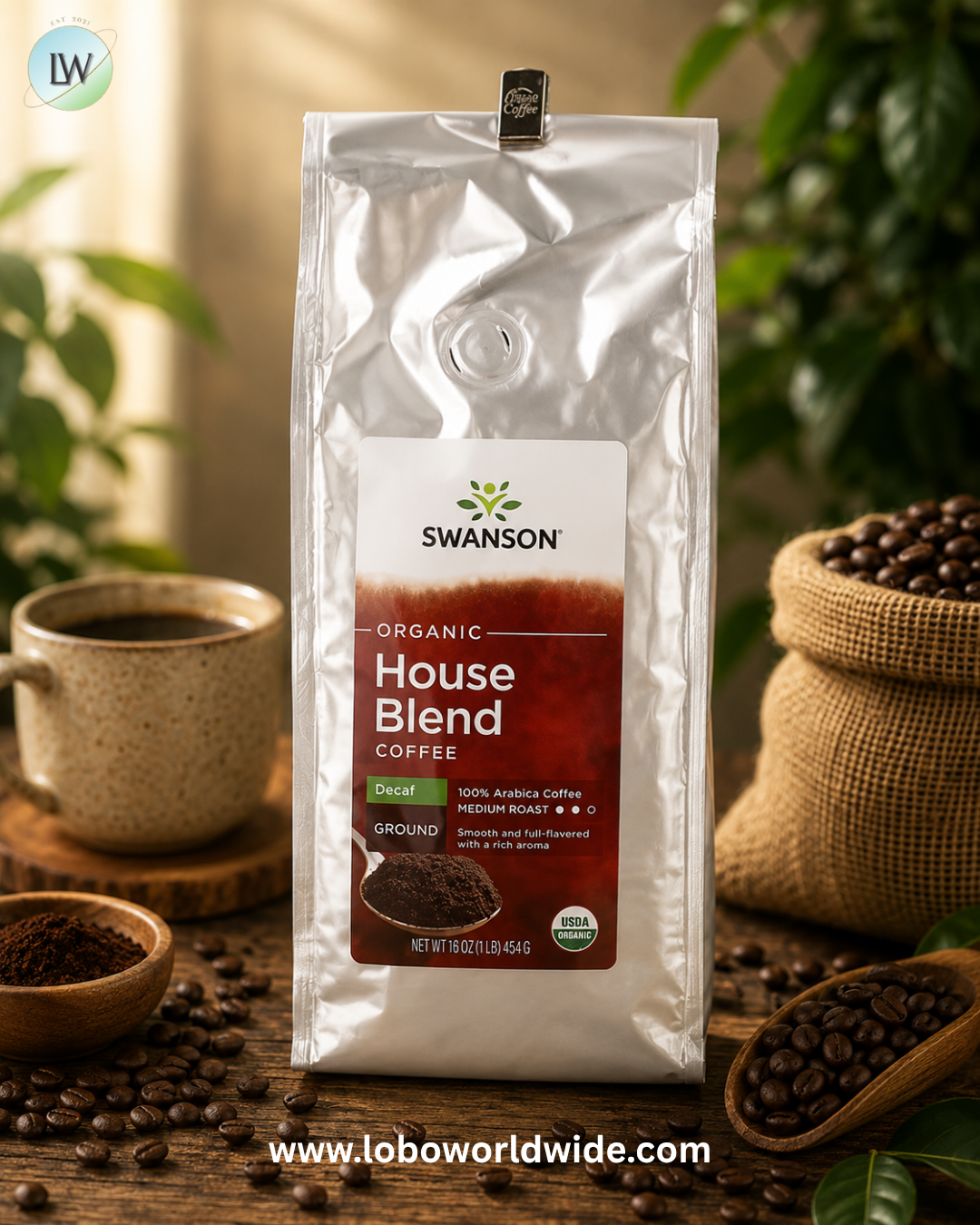 Swanson Vitamins, Organic House Blend Coffee, Ground, Medium Roast, Decaf, 1 lb (454 g)