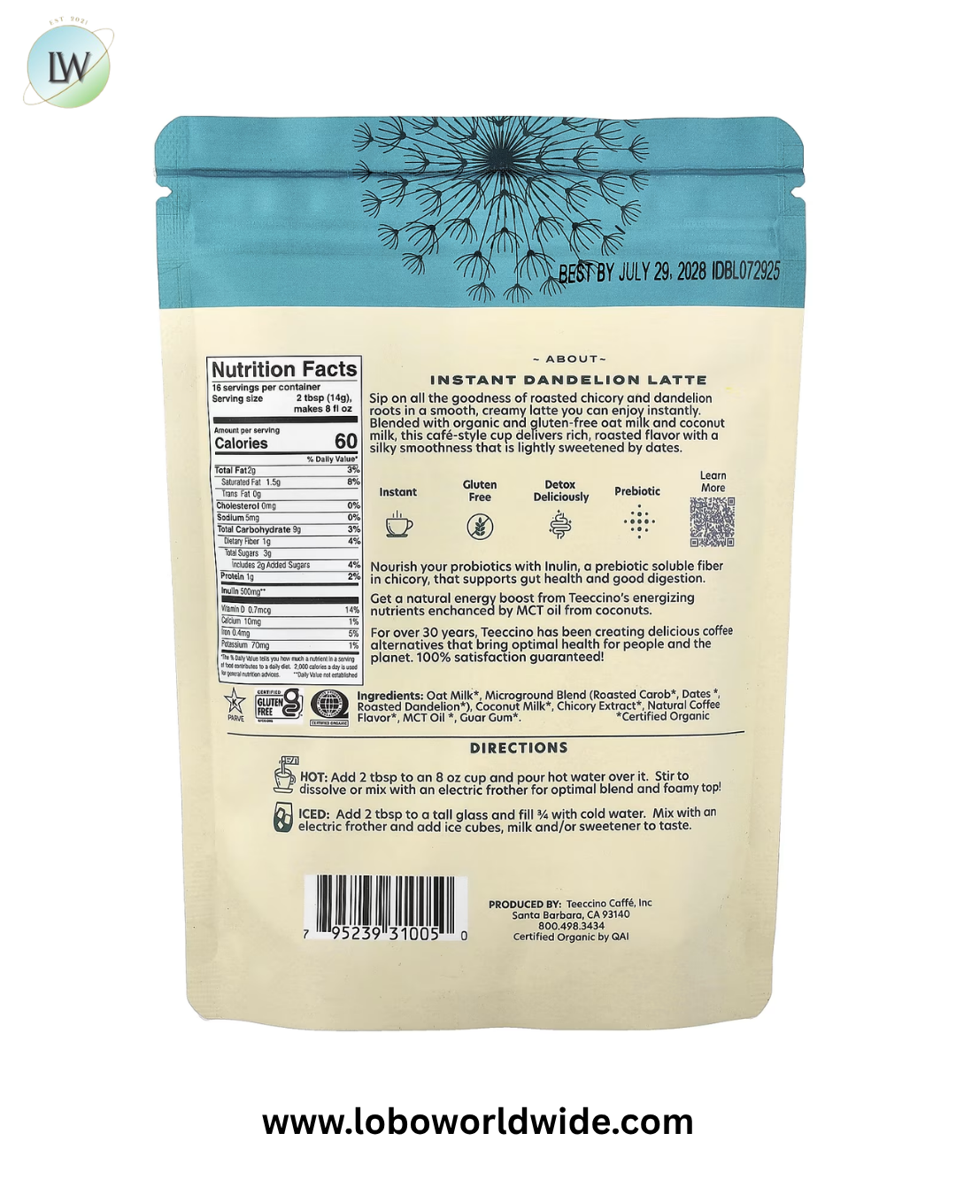 Teeccino, Instant Herbal Latte, Caffeine Free, 7.9 oz (224 g)