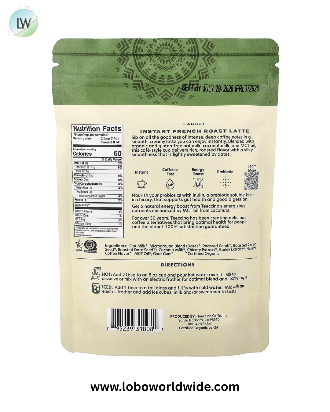 Teeccino, Instant Herbal Latte, Caffeine Free, 7.9 oz (224 g)