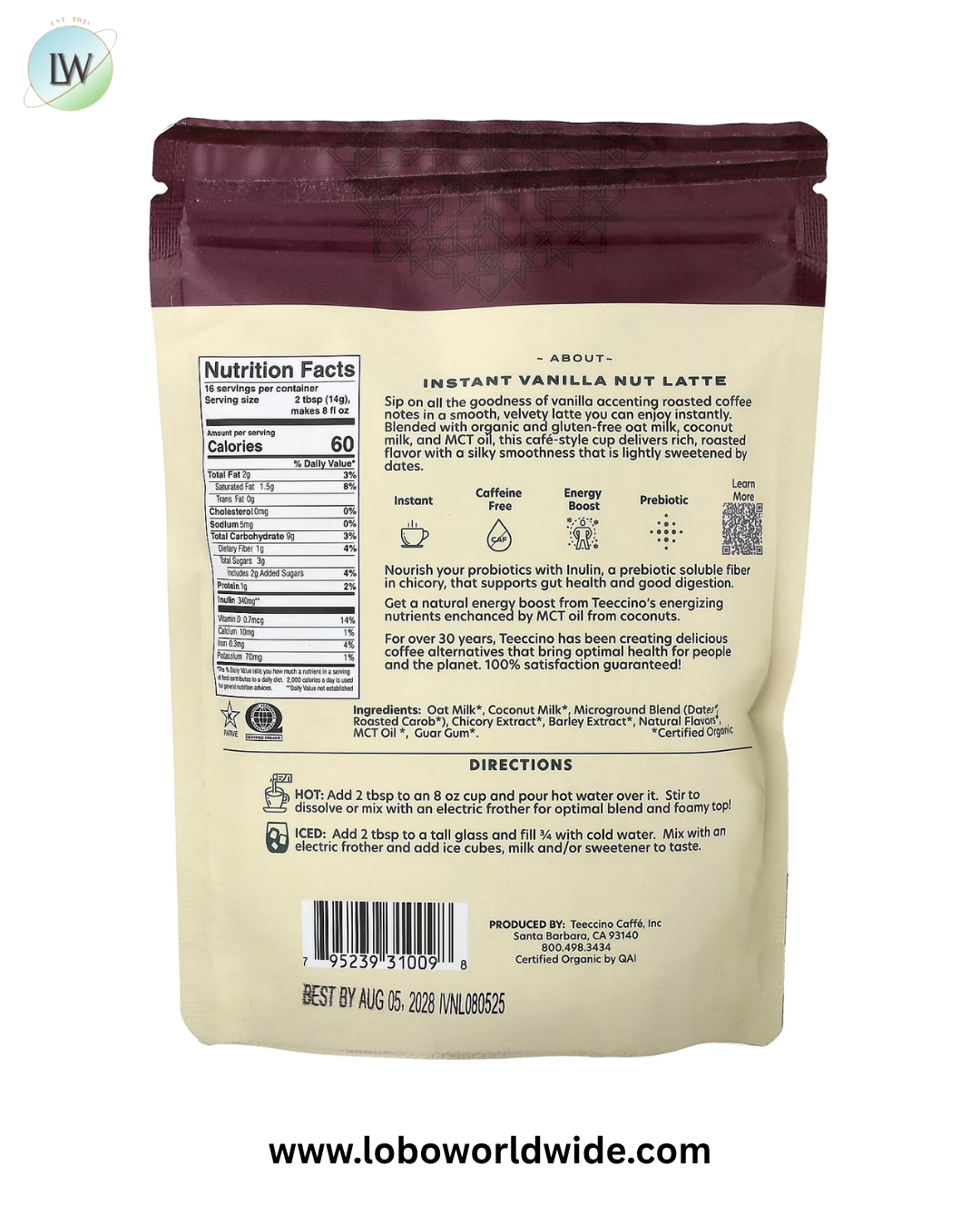 Teeccino, Instant Herbal Latte, Caffeine Free, 7.9 oz (224 g)