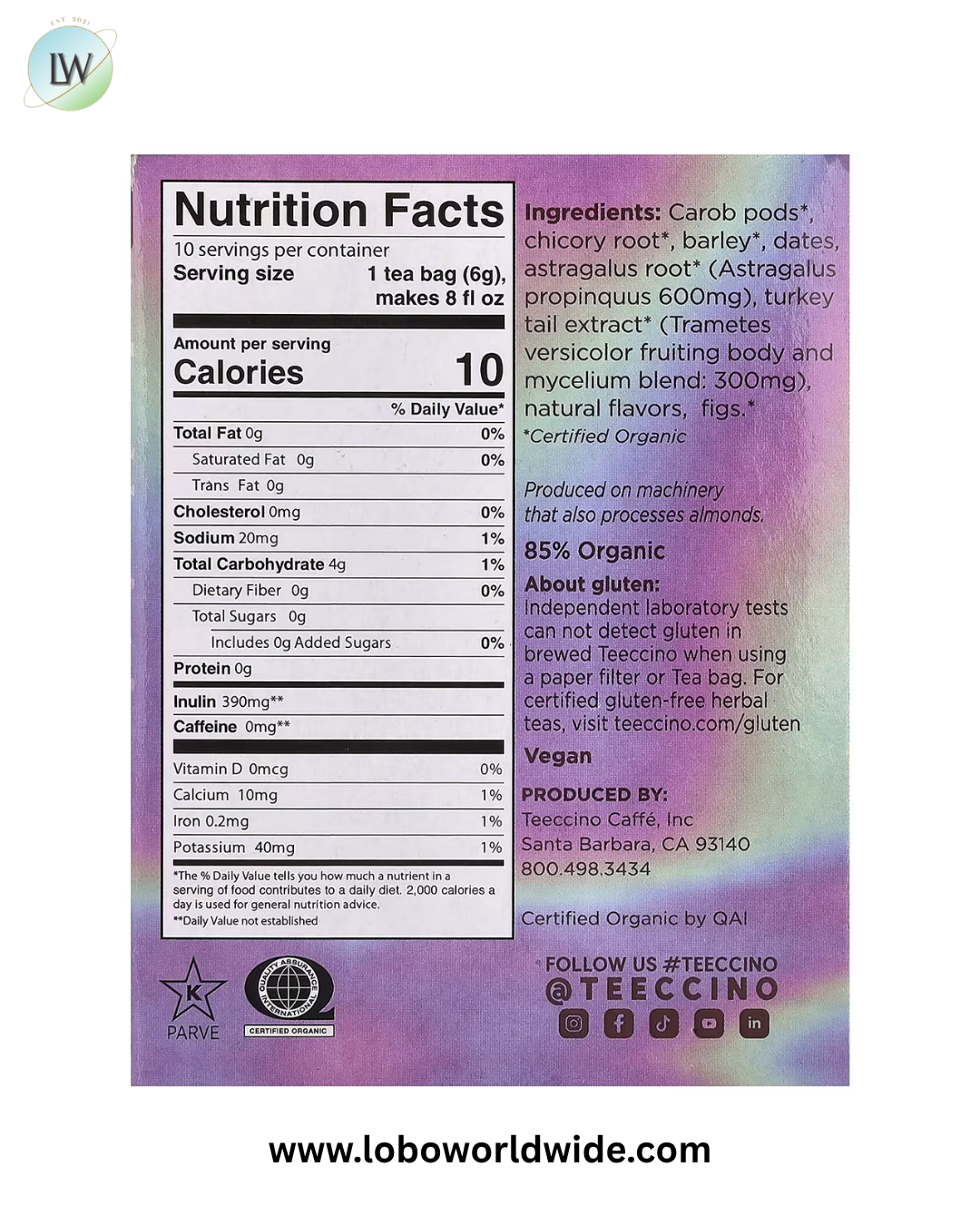 Teeccino, Mushroom Herbal Tea, Caffeine Free, 10 Tea Bags, 2.12 oz (60 g)
