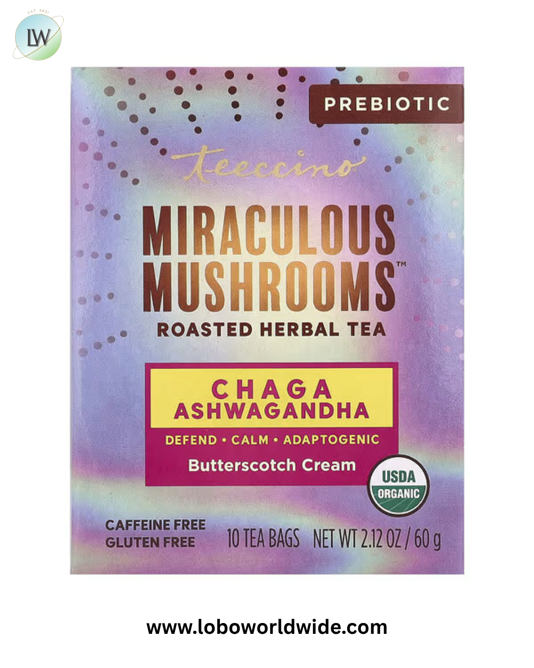 Teeccino, Miraculous Mushrooms™, Roasted Herbal Tea, Butterscotch Cream, Caffeine Free, 10 Tea Bags, 2.12 oz (60 g)