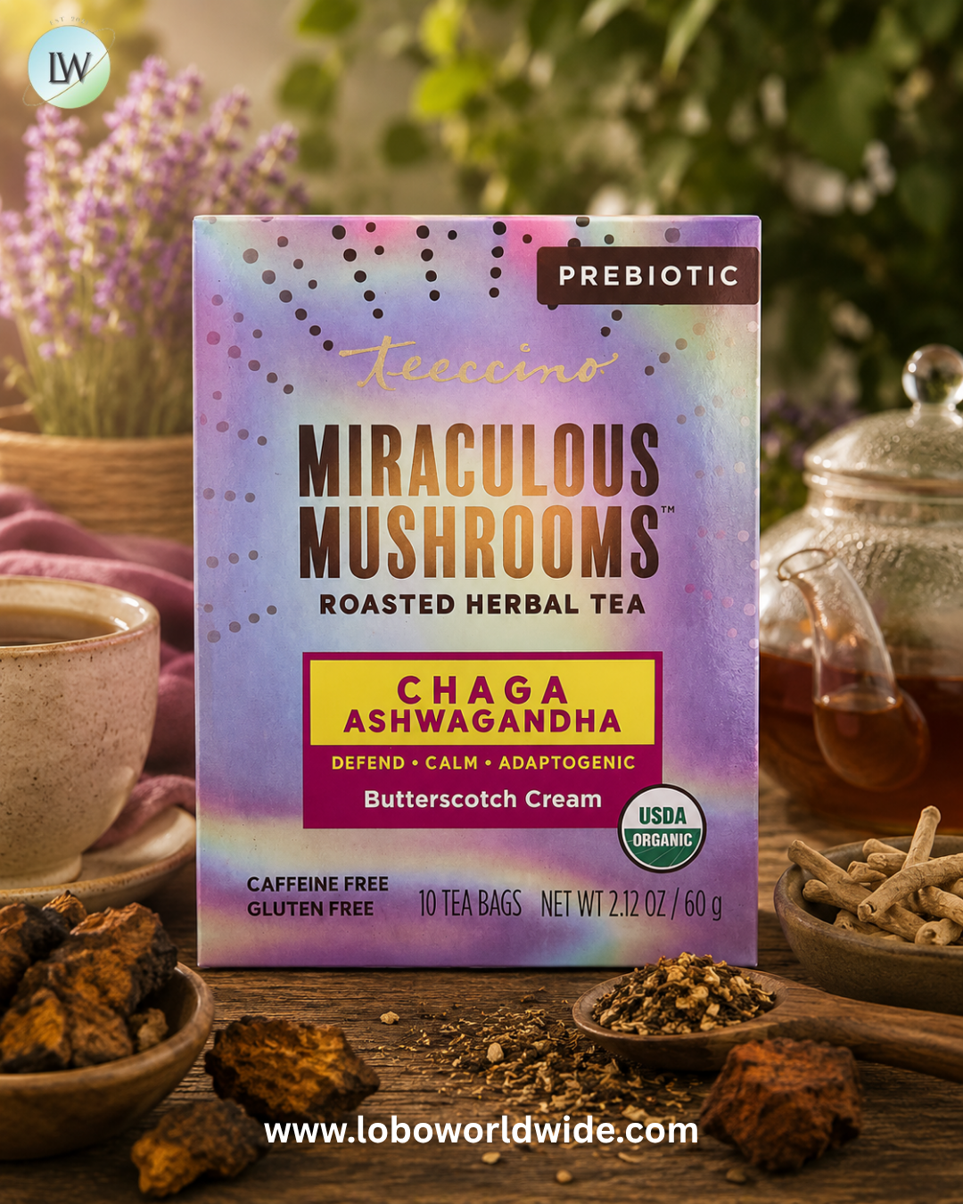 Teeccino, Miraculous Mushrooms™, Roasted Herbal Tea, Butterscotch Cream, Caffeine Free, 10 Tea Bags, 2.12 oz (60 g)