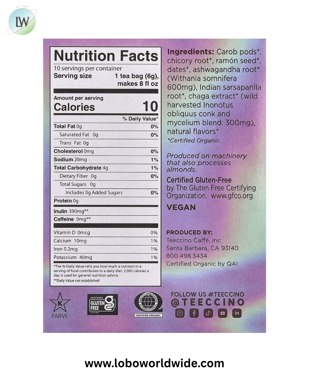 Teeccino, Miraculous Mushrooms™, Roasted Herbal Tea, Butterscotch Cream, Caffeine Free, 10 Tea Bags, 2.12 oz (60 g)