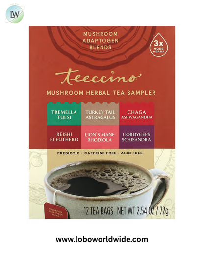 Teeccino, Mushroom Herbal Tea Sampler, 6 Flavors, Caffeine Free, 12 Tea Bags, 2.54 oz (72 g)