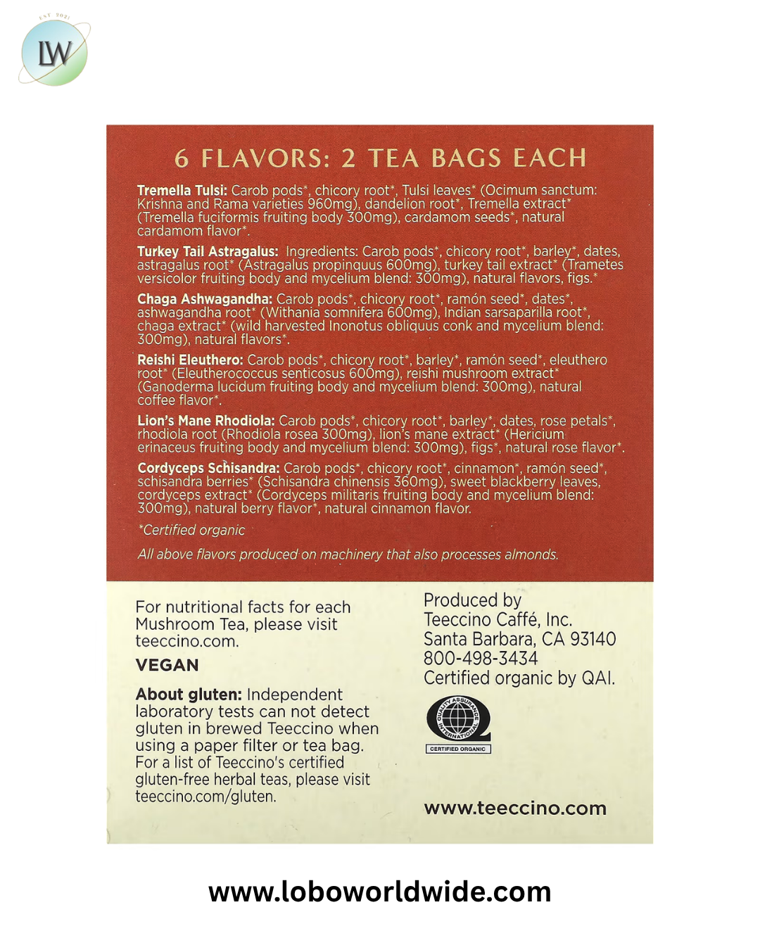 Teeccino, Mushroom Herbal Tea Sampler, 6 Flavors, Caffeine Free, 12 Tea Bags, 2.54 oz (72 g)