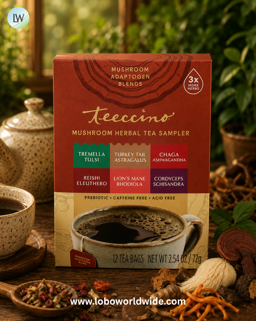 Teeccino, Mushroom Herbal Tea Sampler, 6 Flavors, Caffeine Free, 12 Tea Bags, 2.54 oz (72 g)