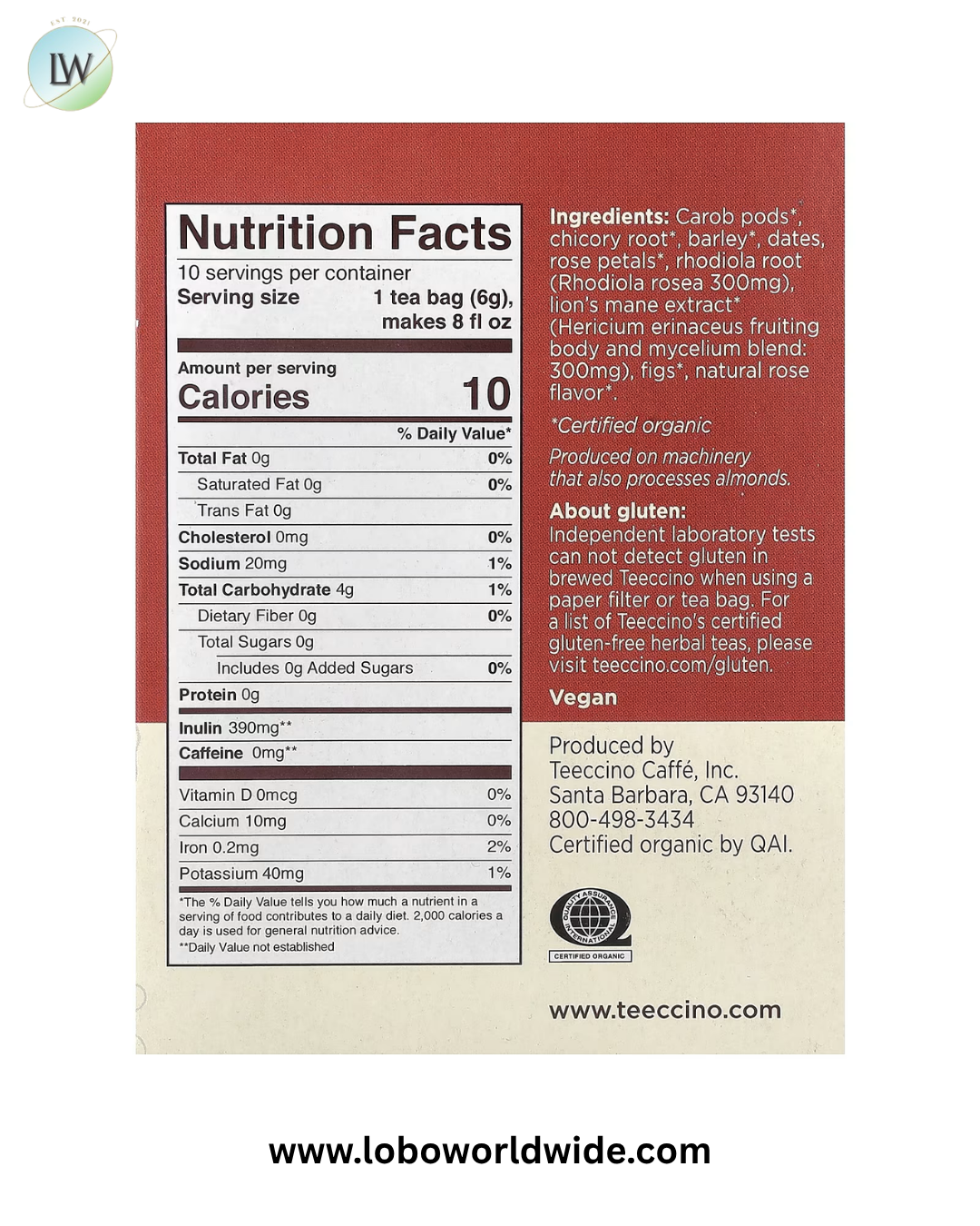 Teeccino, Mushroom Herbal Tea, Caffeine Free, 10 Tea Bags, 2.12 oz (60 g)