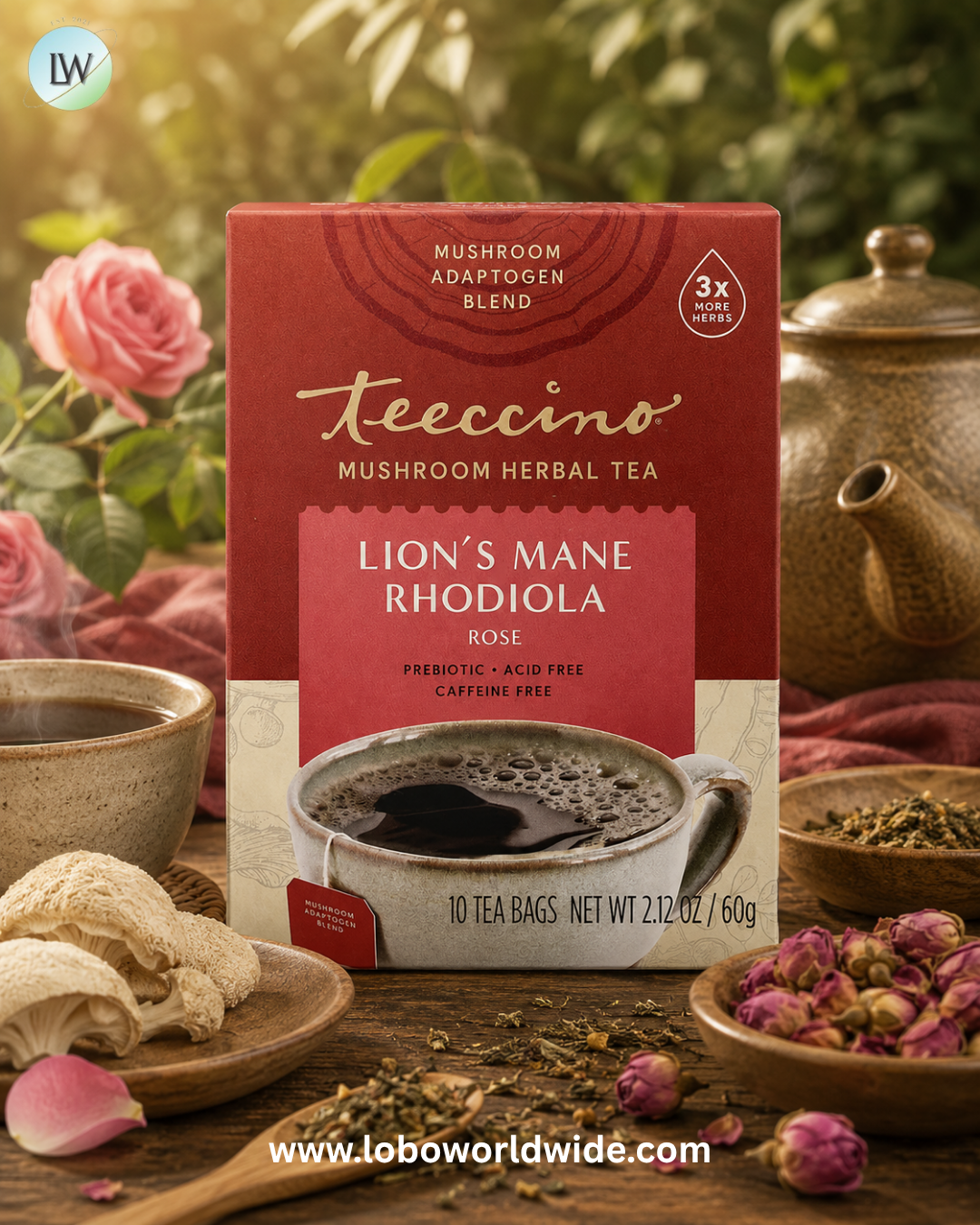 Teeccino, Mushroom Herbal Tea, Caffeine Free, 10 Tea Bags, 2.12 oz (60 g)