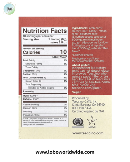 Teeccino, Mushroom Herbal Tea, Caffeine Free, 10 Tea Bags, 2.12 oz (60 g)