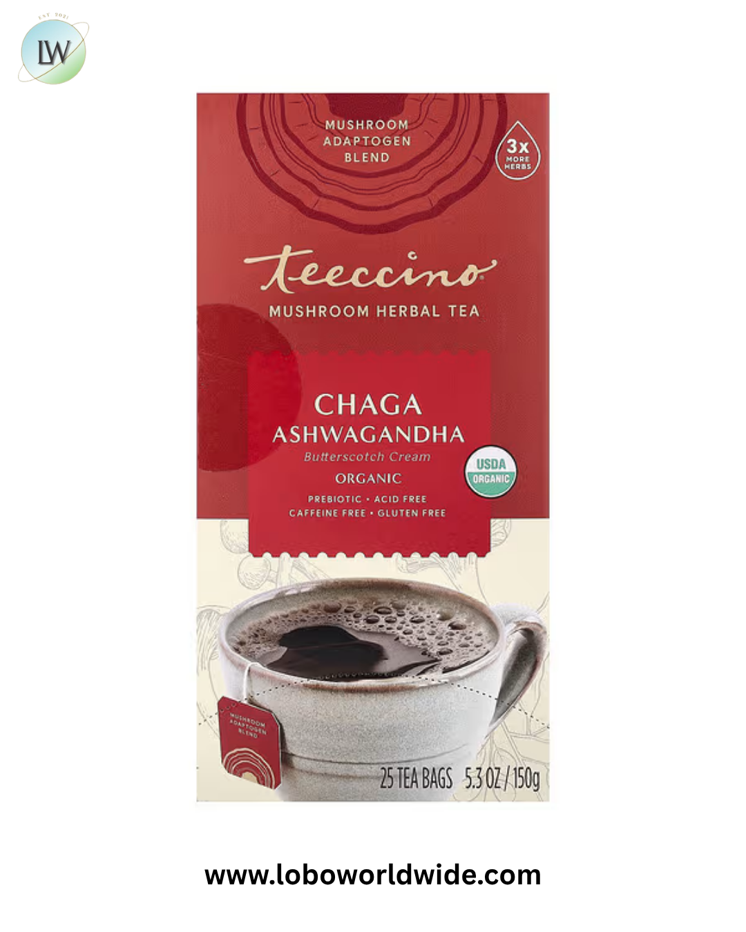 Teeccino, Organic Mushroom Herbal Tea, Chaga Ashwagandha, Butterscotch Cream, Caffeine Free, 25 Tea Bags, 5.3 oz (150 g)