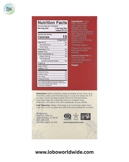 Teeccino, Organic Mushroom Herbal Tea, Chaga Ashwagandha, Butterscotch Cream, Caffeine Free, 25 Tea Bags, 5.3 oz (150 g)