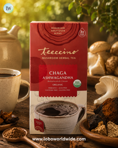 Teeccino, Organic Mushroom Herbal Tea, Chaga Ashwagandha, Butterscotch Cream, Caffeine Free, 25 Tea Bags, 5.3 oz (150 g)