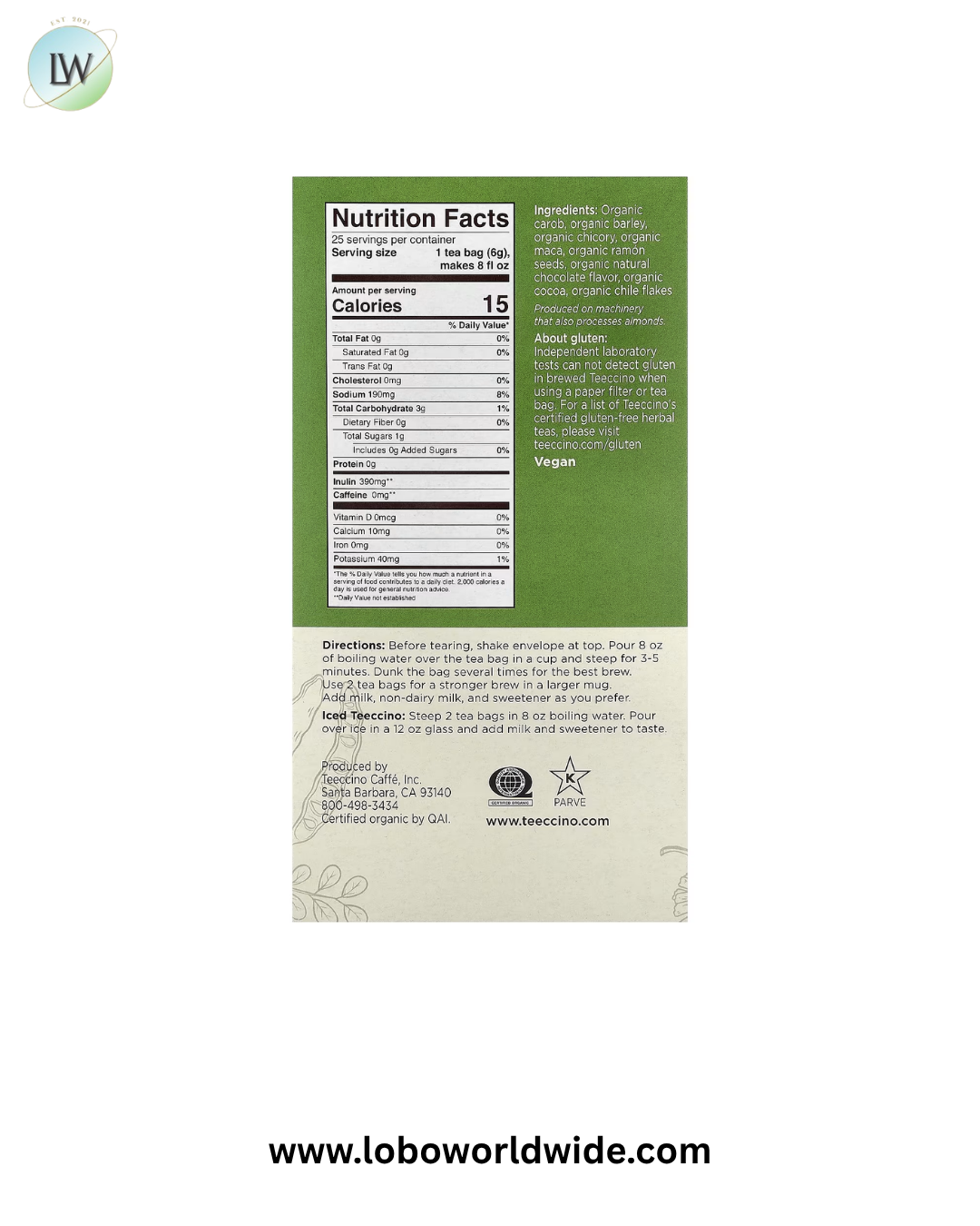 Teeccino, Organic Roasted Herbal Tea, Caffeine Free, 25 Tea Bags, 5.3 oz (150 g)