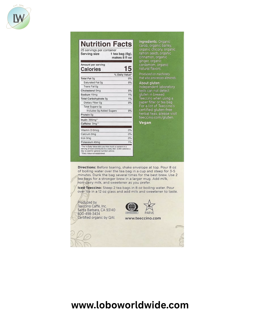 Teeccino, Organic Roasted Herbal Tea, Caffeine Free, 25 Tea Bags, 5.3 oz (150 g)