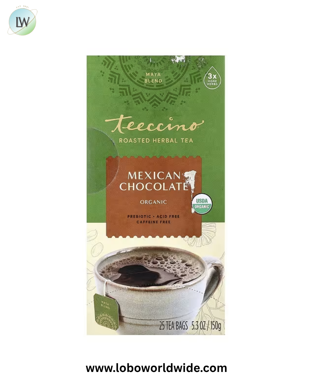 Teeccino, Organic Roasted Herbal Tea, Mexican Chocolate, Caffeine Free, 25 Tea Bags, 5.3 oz (150 g)