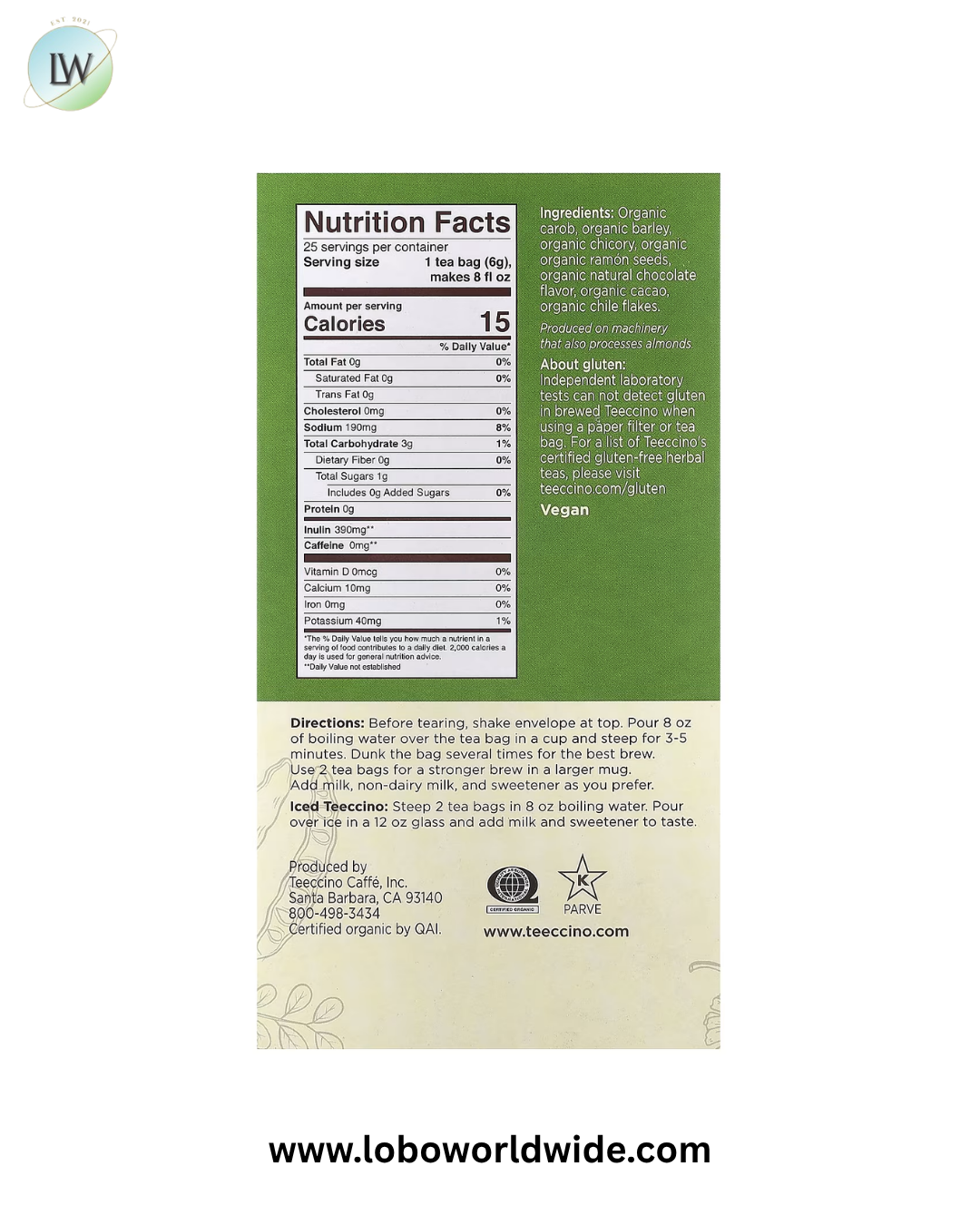 Teeccino, Organic Roasted Herbal Tea, Mexican Chocolate, Caffeine Free, 25 Tea Bags, 5.3 oz (150 g)