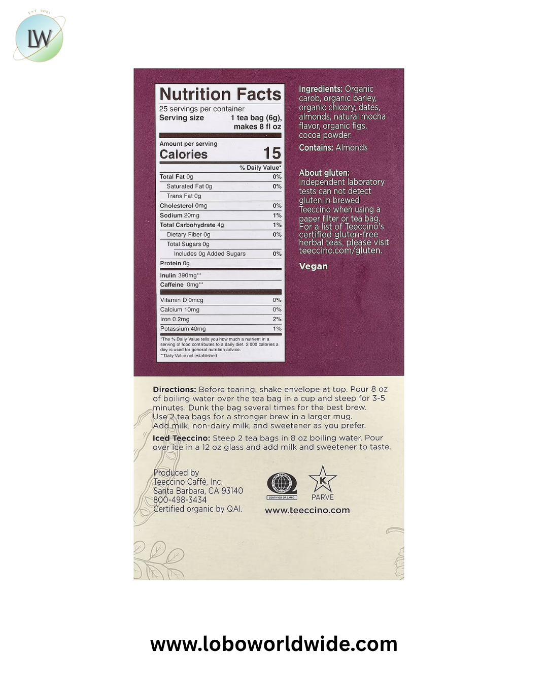 Teeccino, Organic Roasted Herbal Tea, Caffeine Free, 25 Tea Bags, 5.3 oz (150 g)