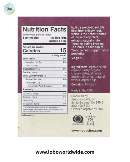 Teeccino, Roasted Herbal Tea, Snickerdoodle, Caffeine Free, 10 Tea Bags, 2.12 oz (60 g)