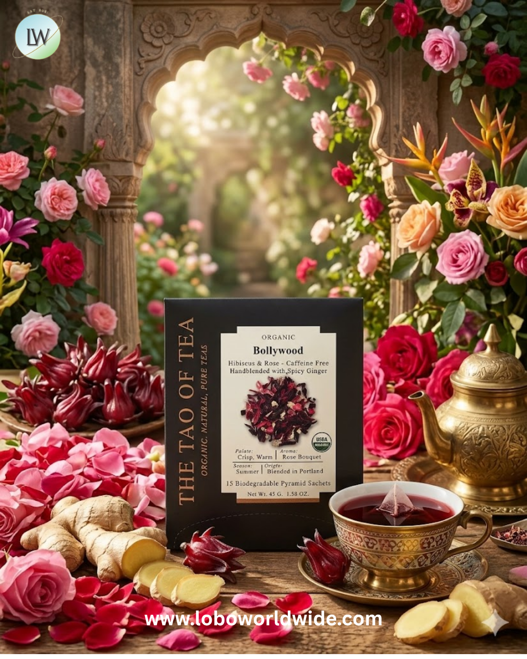 The Tao of Tea, Organic Bollywood, Hibiscus & Rose, Caffeine Free, 15 Biodegradable Pyramid Sachets, 1.58 oz (45 g)