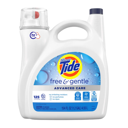 Tide Advanced Care Liquid Laundry Detergent, Free & Gentle, 125 Loads, 154 fl oz