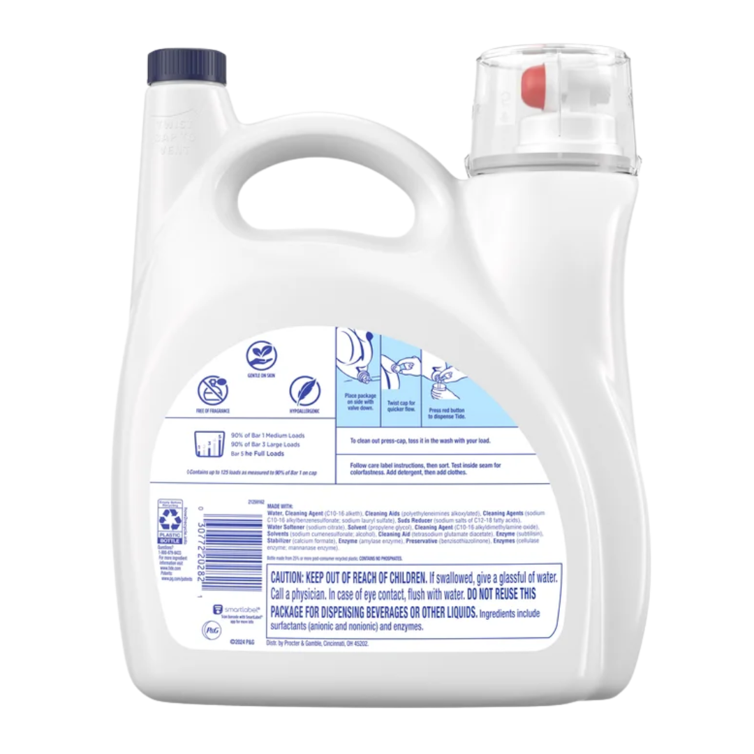 Tide Advanced Care Liquid Laundry Detergent, Free & Gentle, 125 Loads, 154 fl oz