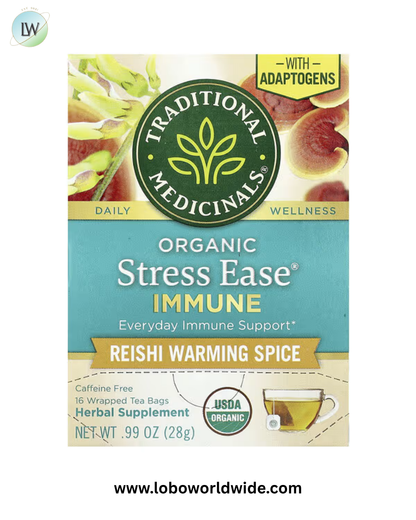 Traditional Medicinals, Organic Stress Ease® Immune, Reishi Warming Spice, Caffeine Free, 16 Wrapped Tea Bags, 0.99 oz (28 g)