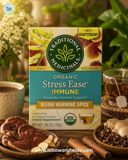 Traditional Medicinals, Organic Stress Ease® Immune, Reishi Warming Spice, Caffeine Free, 16 Wrapped Tea Bags, 0.99 oz (28 g)