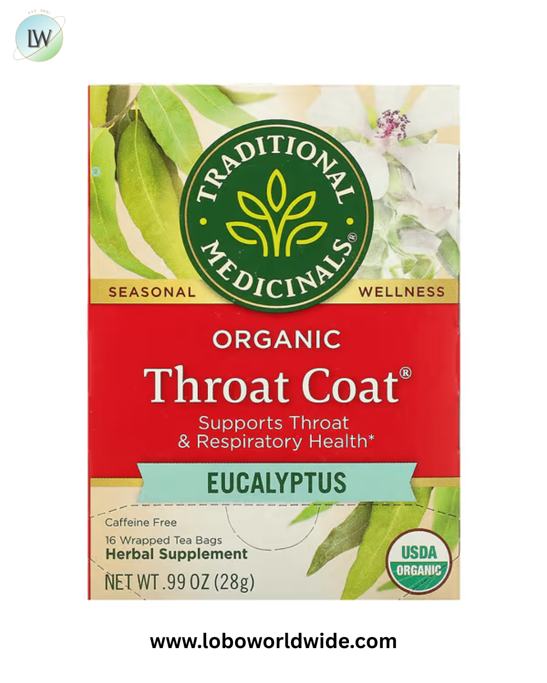 Traditional Medicinals, Organic Throat Coat®, Eucalyptus, Caffeine Free, 16 Wrapped Tea Bags, 0.99 oz (28 g)